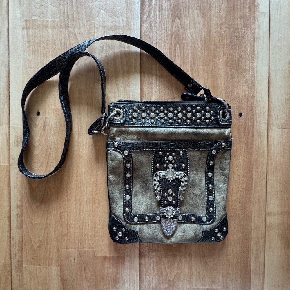 Western Rhinestone Buckle Crossbody Bag Studded Faux Croc Distressed Brown Bling